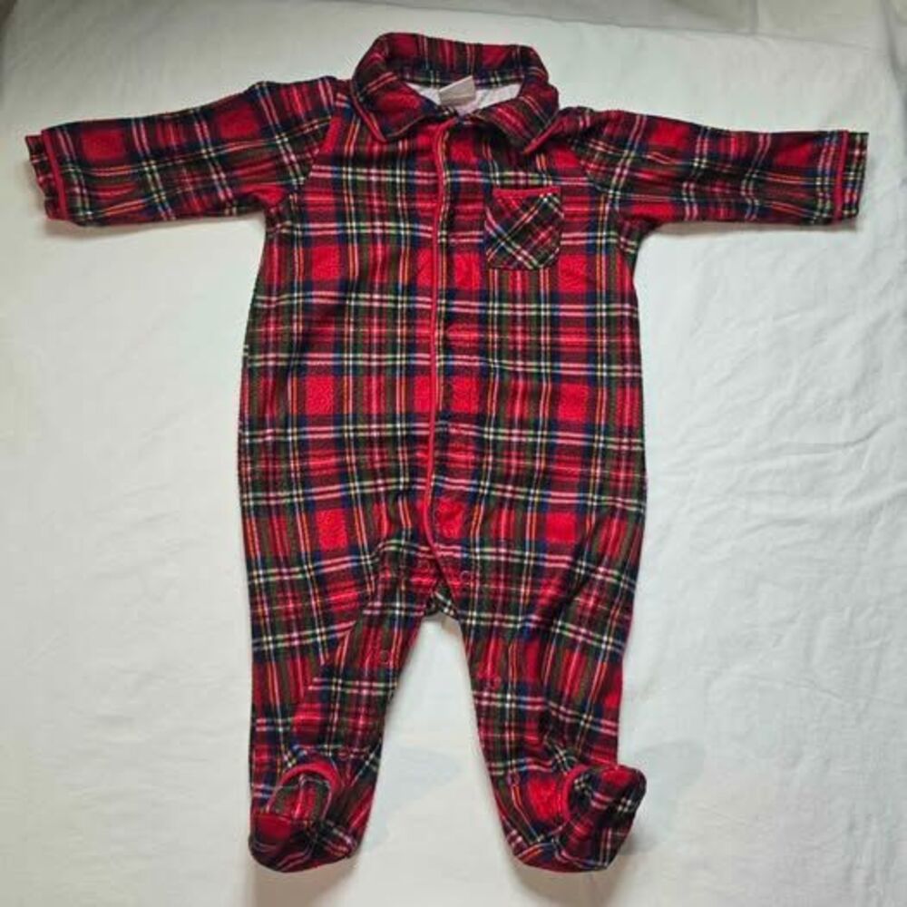 Little me size 0-3 months Christmas plaid pajamas footed